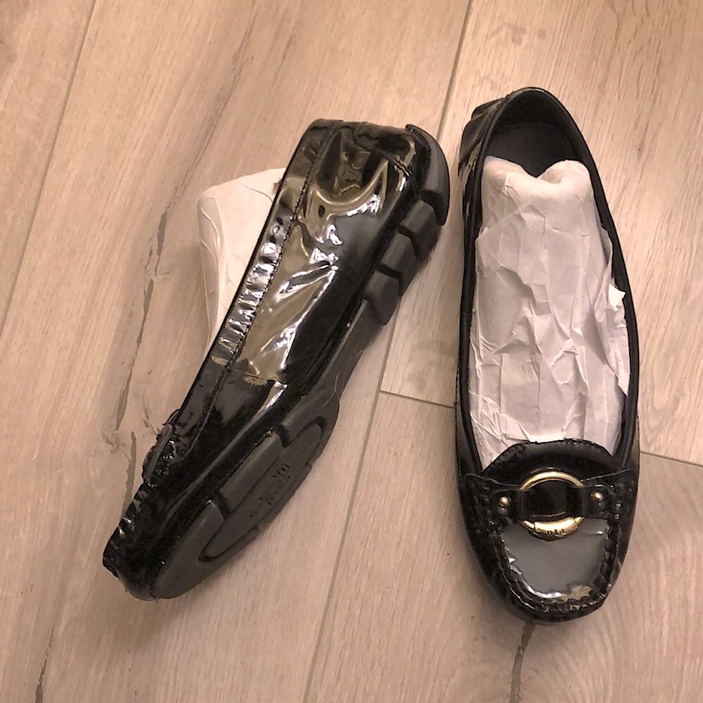 Ralph Lauren Black + Silver Patent Leather Slip On Flat Loafers